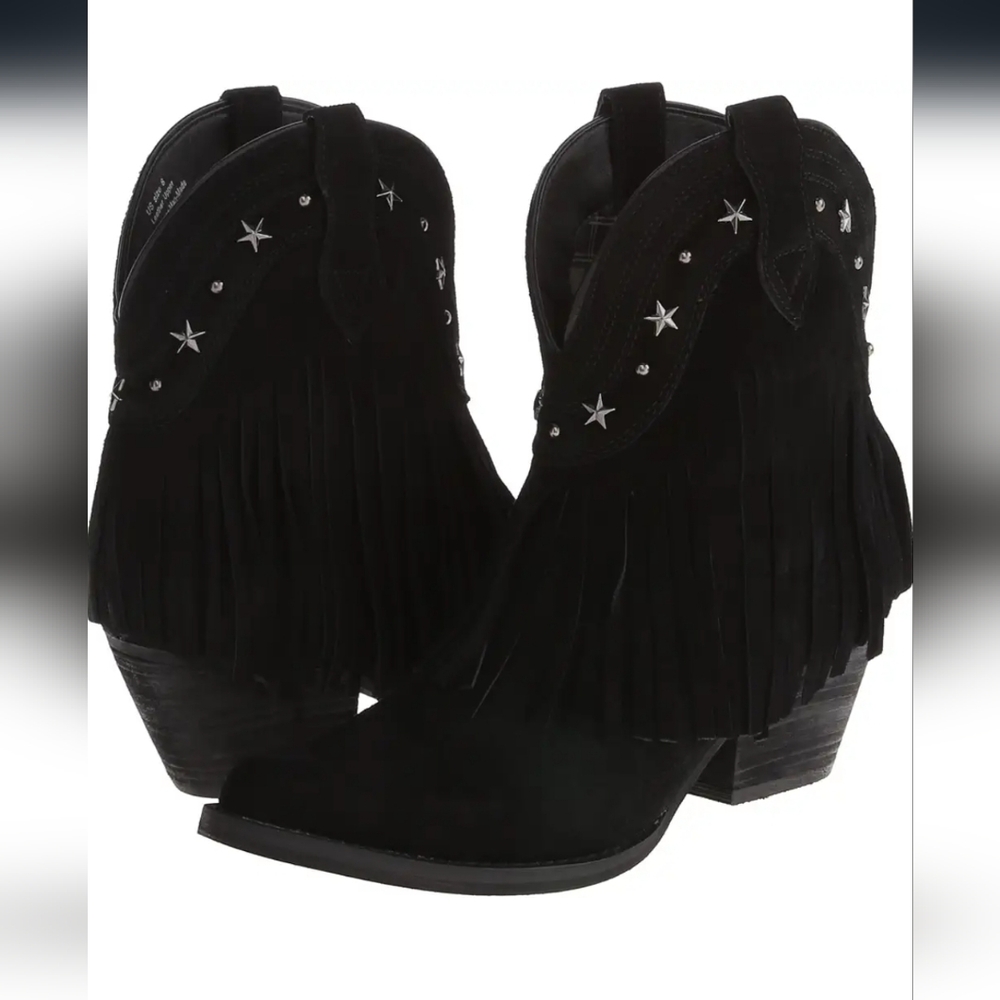 Very Volatile Womens Fringe Suede Boots Heels Size 7  Black Bootie Ankle. - Picture 2 of 13